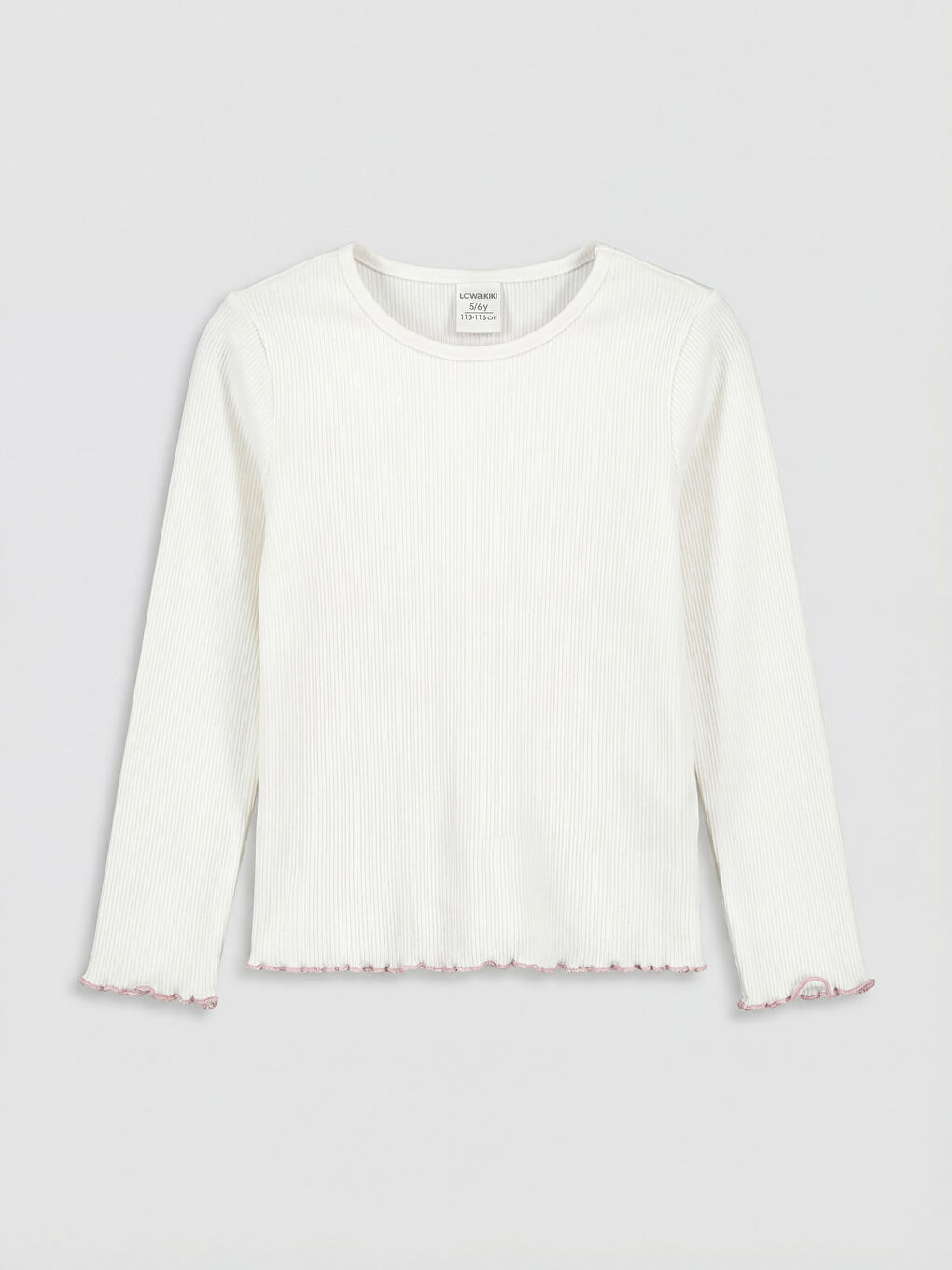 Ekru Bisiklet Yaka Fırfırlı Kız Çocuk Tişört