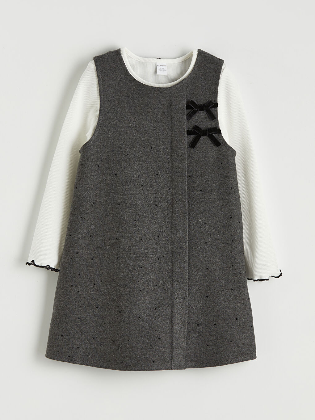 Antrasit Bisiklet Yaka Kız Çocuk Salopet Elbise ve Tişört