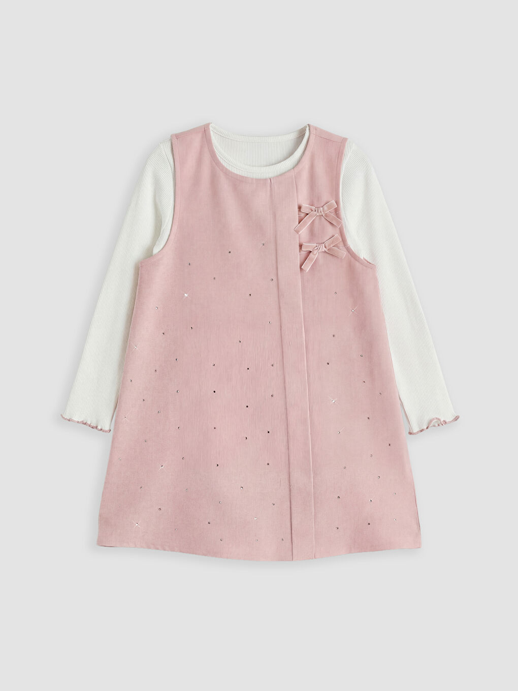 Pembe Bisiklet Yaka Kız Çocuk Taşlı Elbise ve Tişört-2