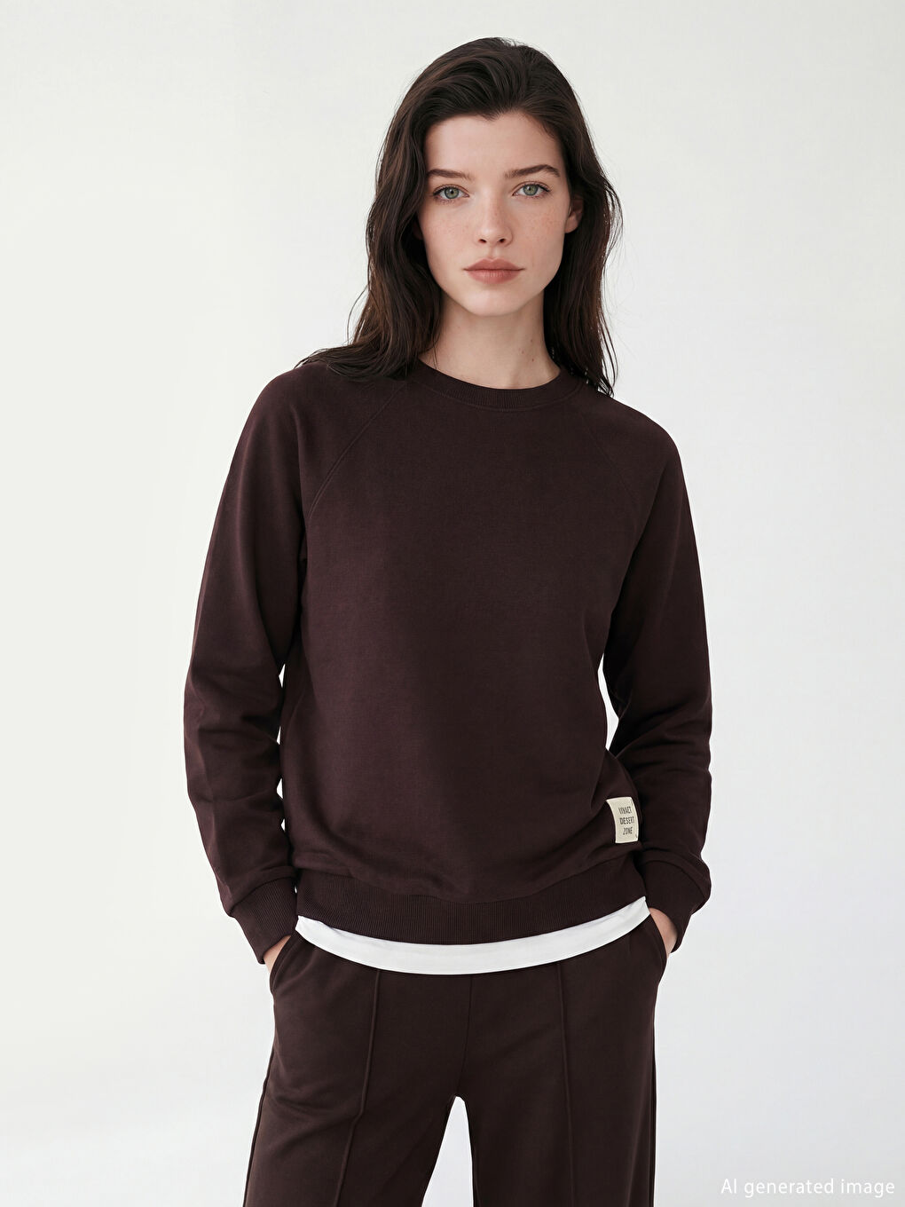 Kahverengi Bisiklet Yaka Baskılı Oversize Kadın Sweatshirt