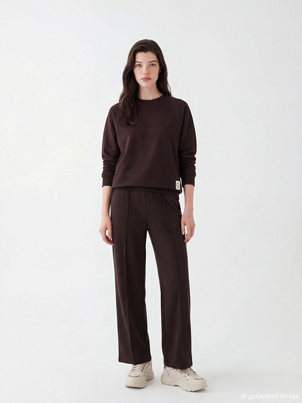 Kahverengi Bisiklet Yaka Baskılı Oversize Kadın Sweatshirt-1