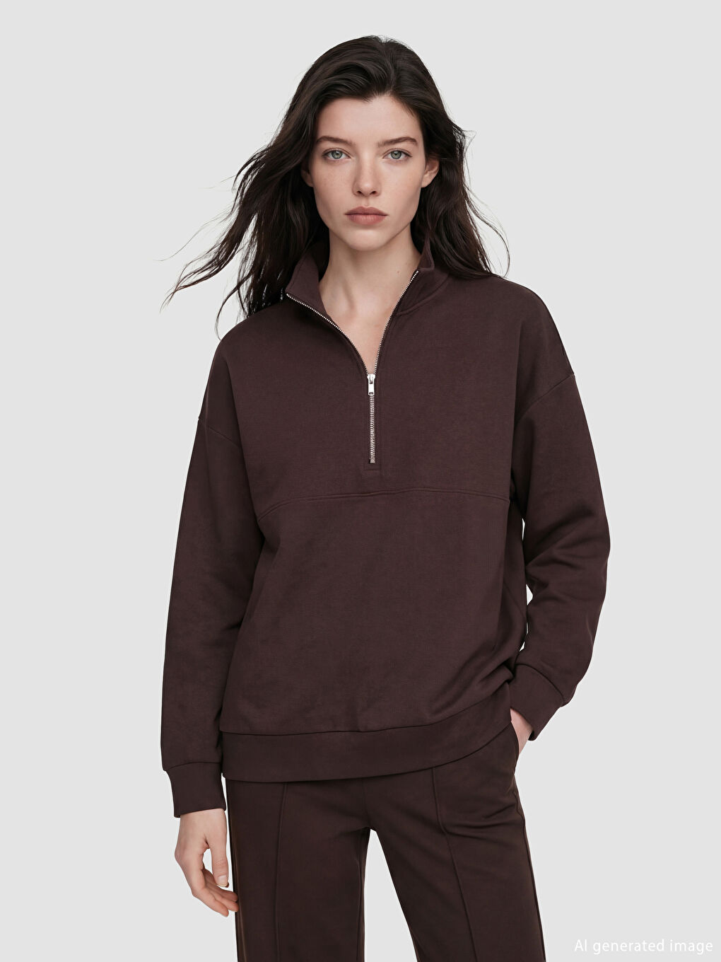 Kahverengi Dik Yaka Kadın Sweatshirt