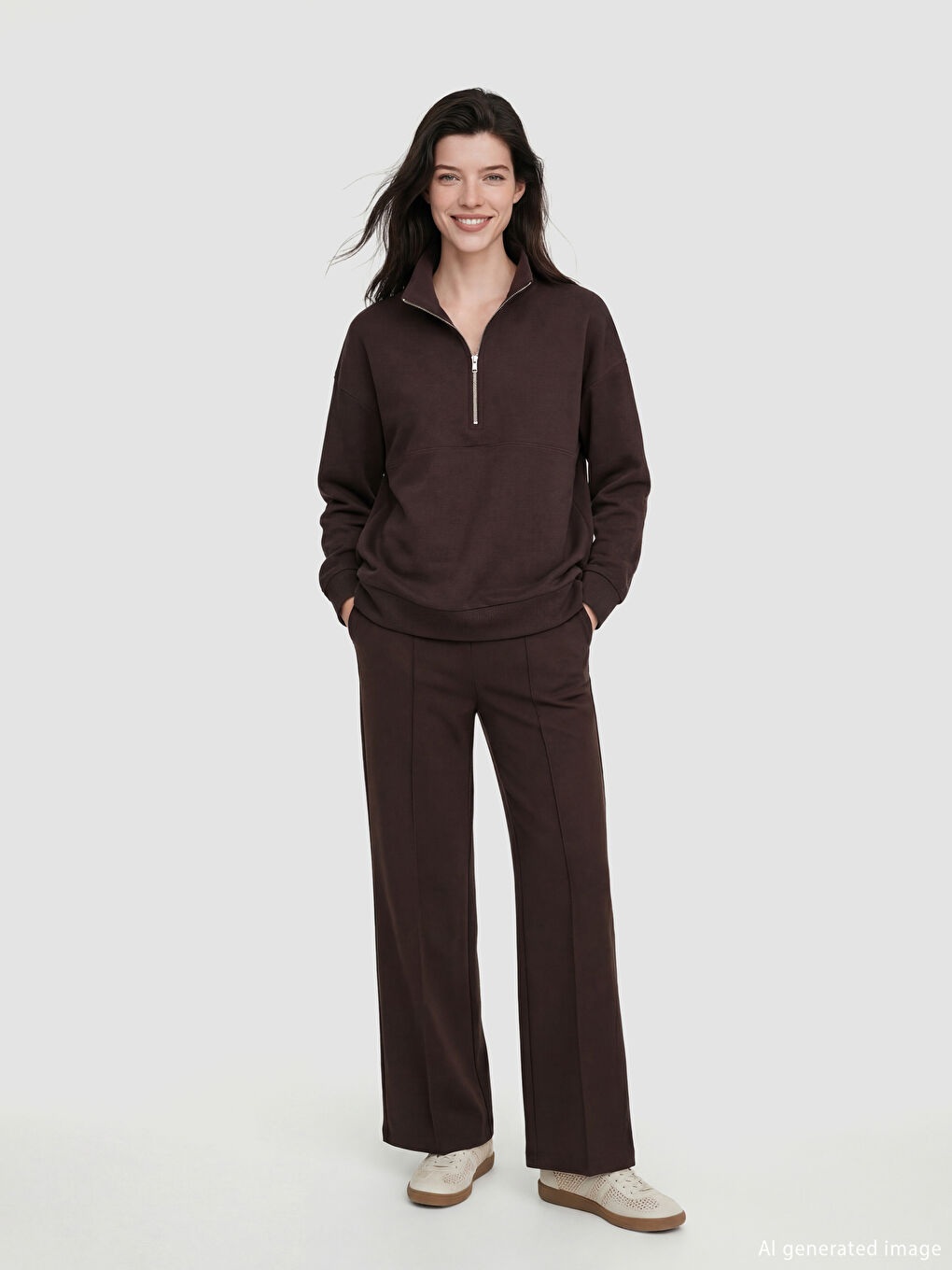 Kahverengi Dik Yaka Kadın Sweatshirt-1