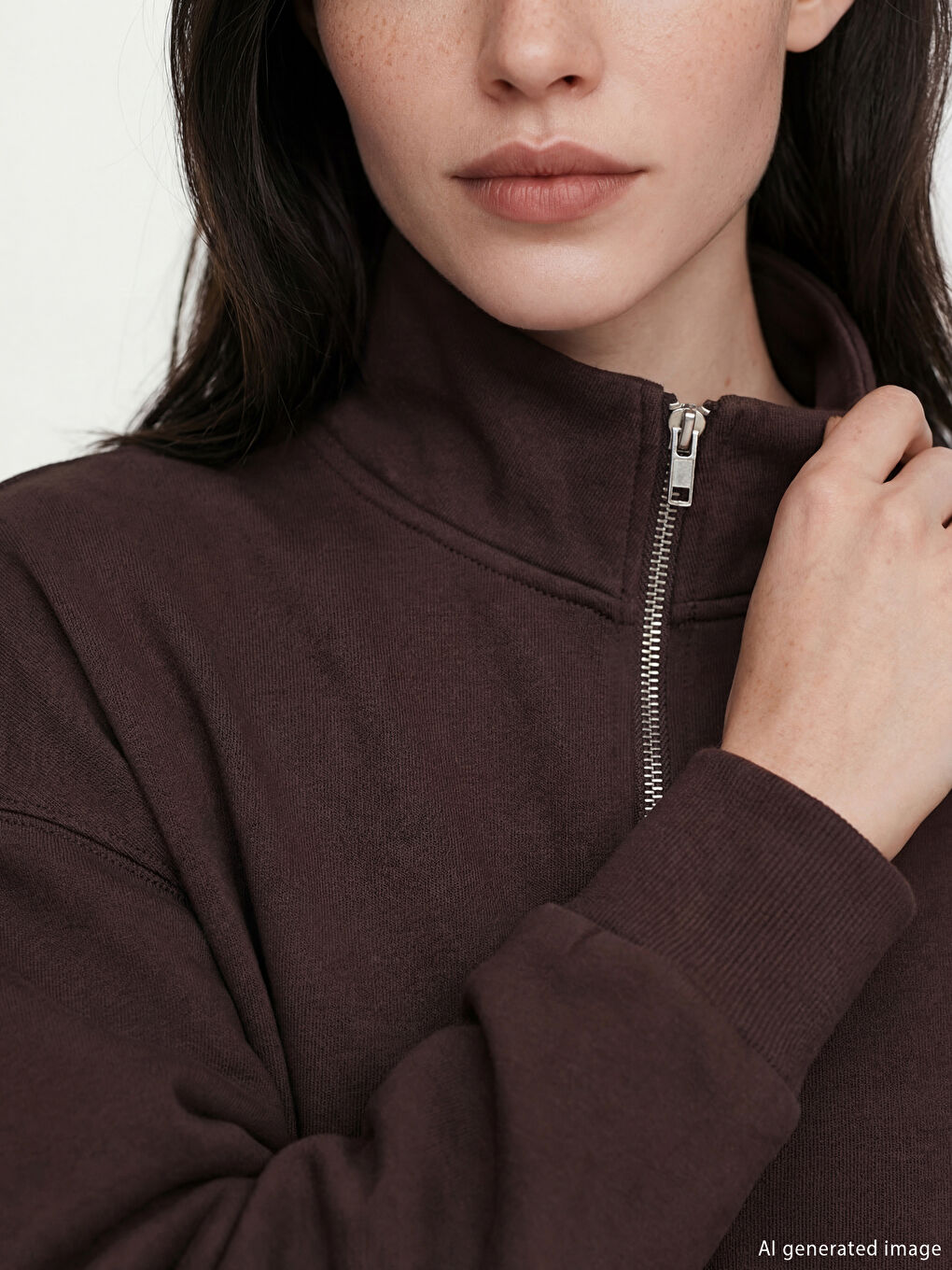 Kahverengi Dik Yaka Kadın Sweatshirt-2