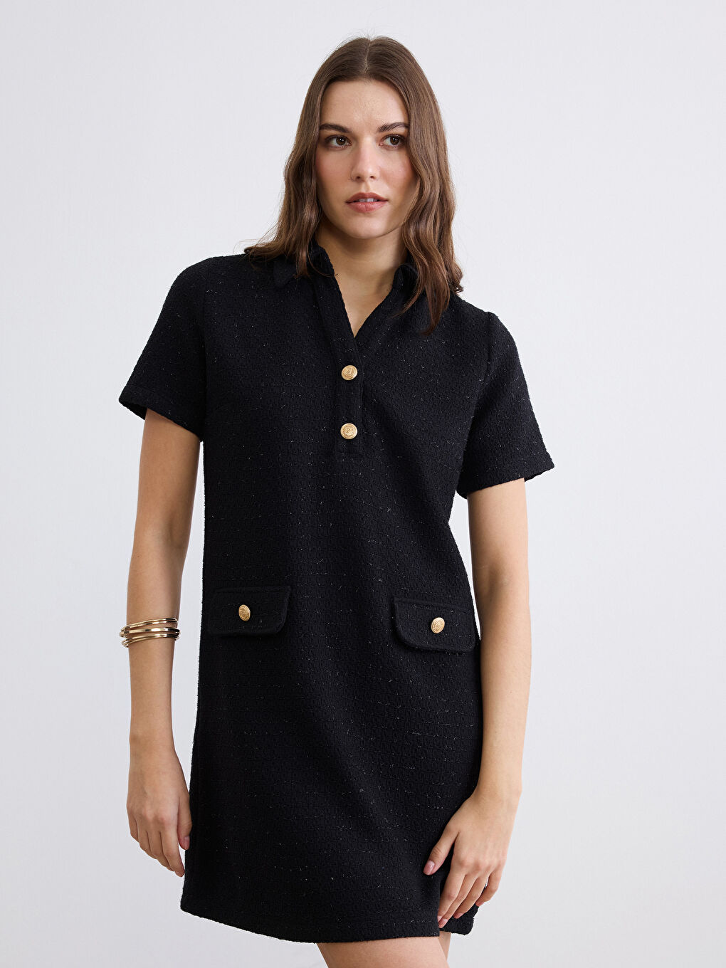Siyah Gömlek Yaka Tüvit Mini Elbise