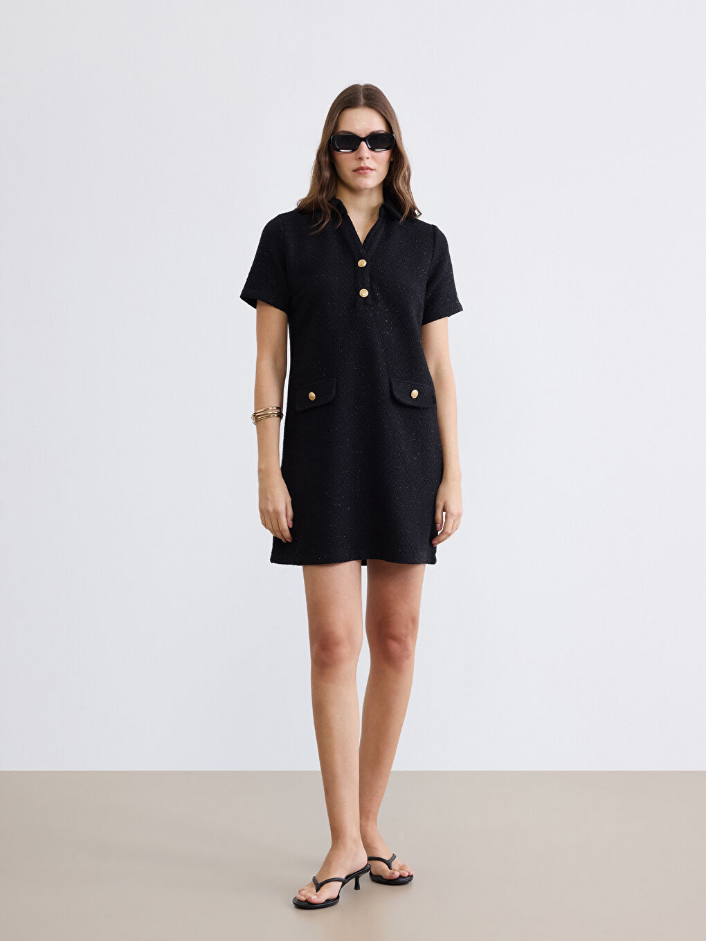 Siyah Gömlek Yaka Tüvit Mini Elbise-1