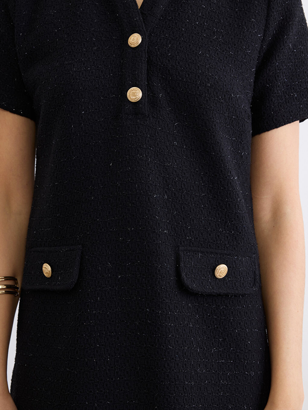 Siyah Gömlek Yaka Tüvit Mini Elbise-2