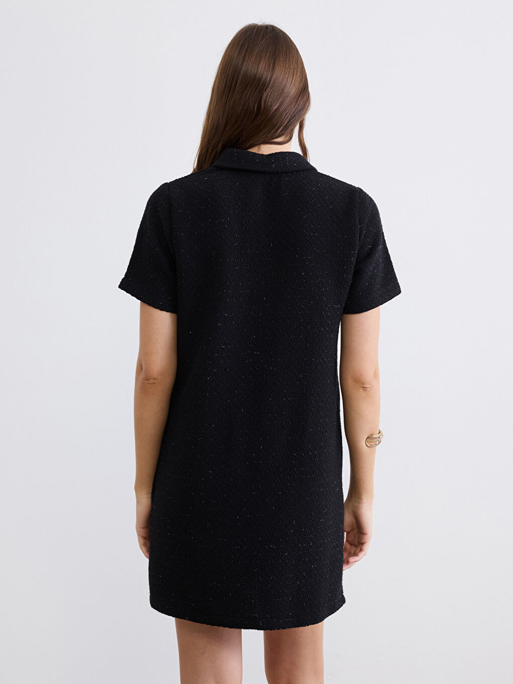 Siyah Gömlek Yaka Tüvit Mini Elbise-3