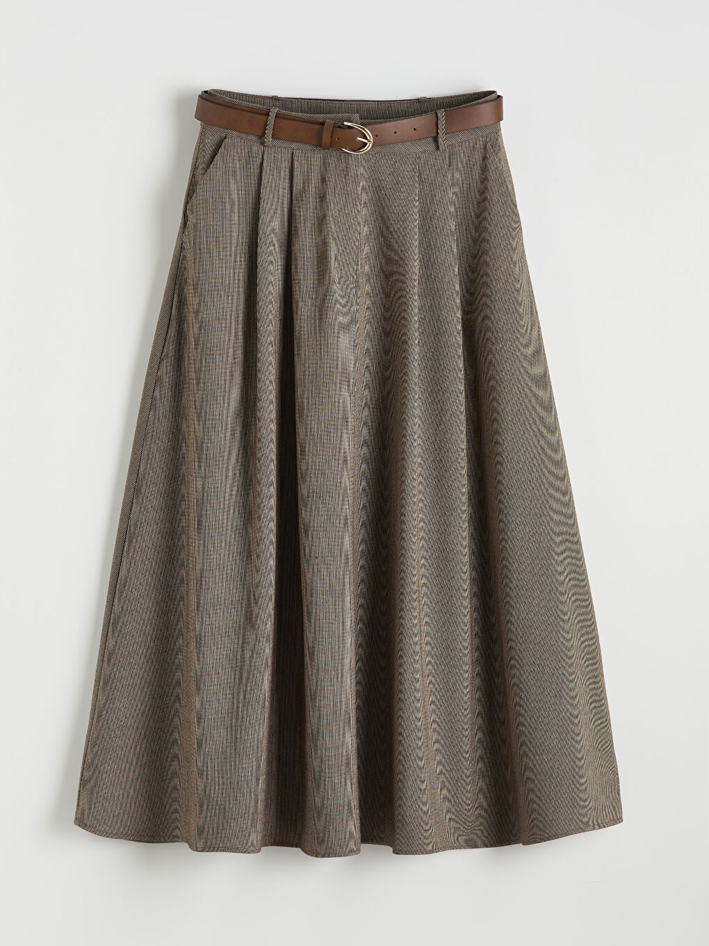 Kahverengi Beli Kemerli Çizgili Pile Detaylı A Kesim Etek