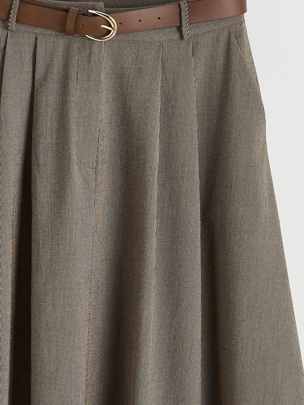 Kahverengi Beli Kemerli Çizgili Pile Detaylı A Kesim Etek-1