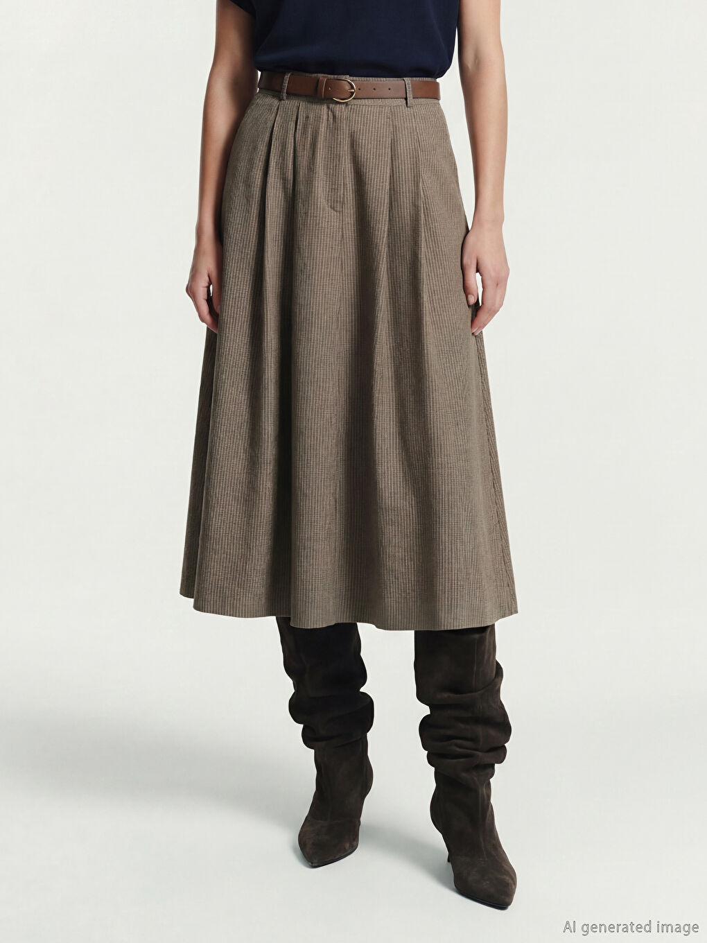 Kahverengi Beli Kemerli Çizgili Pile Detaylı A Kesim Etek-1