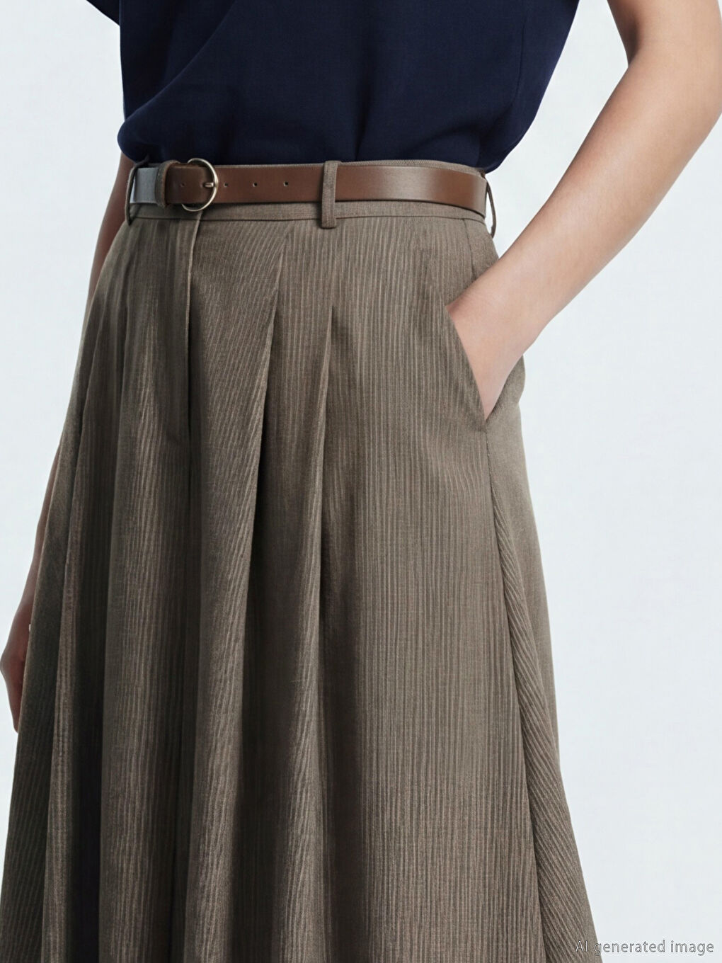 Kahverengi Beli Kemerli Çizgili Pile Detaylı A Kesim Etek-2