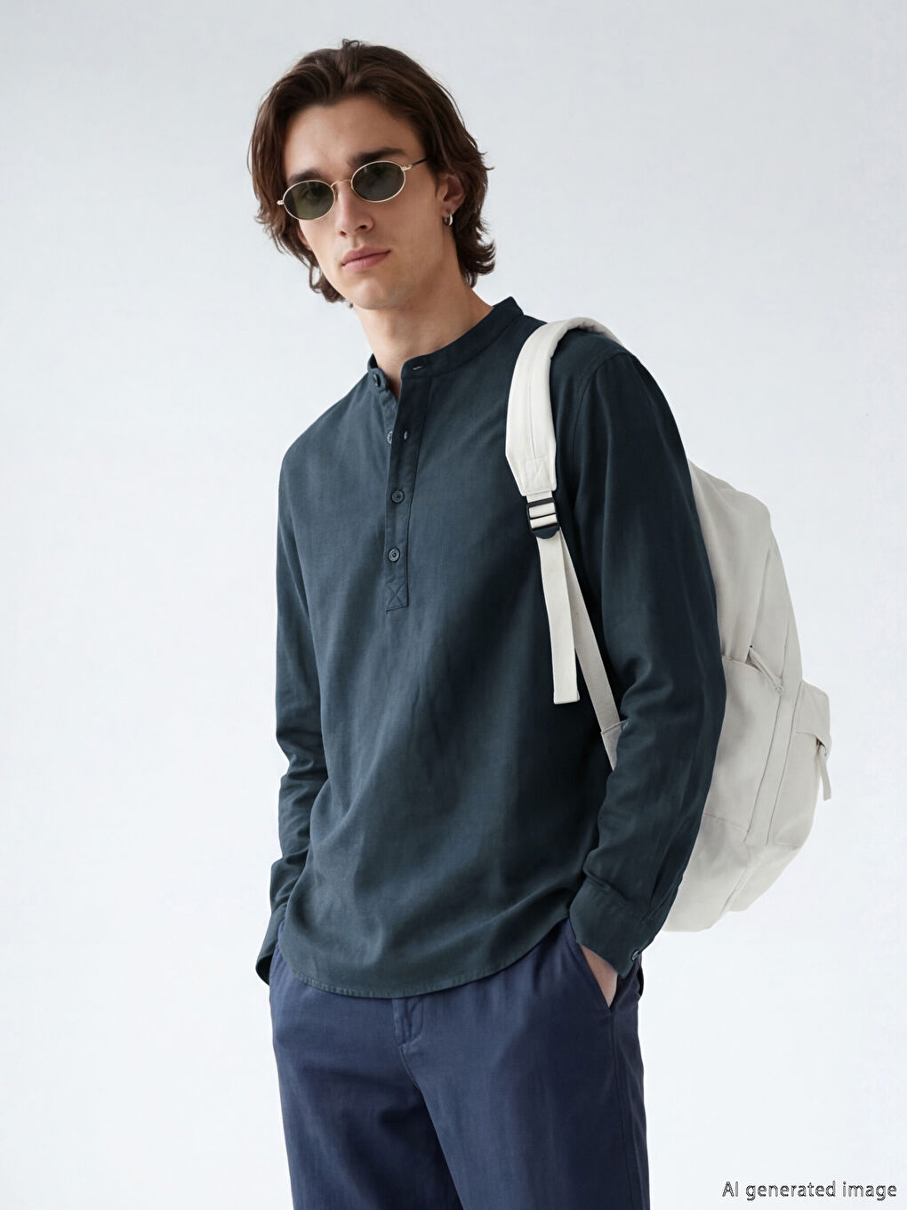 Lacivert Regular Fit Keten Görünümlü Erkek Gömlek	