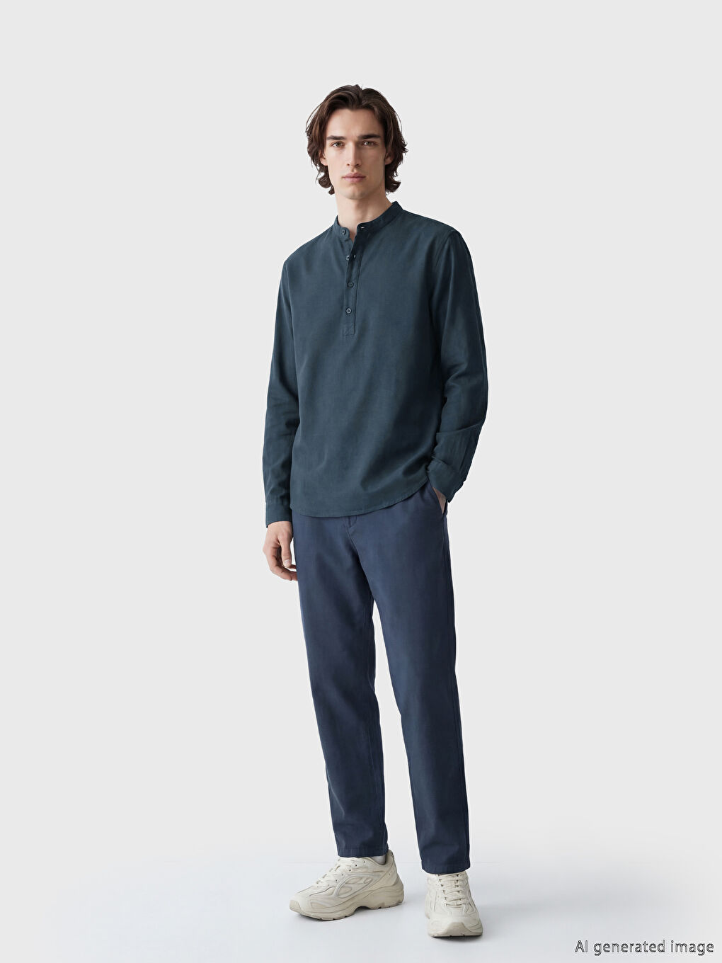 Lacivert Regular Fit Keten Görünümlü Erkek Gömlek	-1