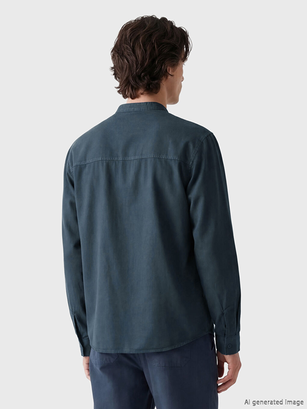 Lacivert Regular Fit Keten Görünümlü Erkek Gömlek	-2