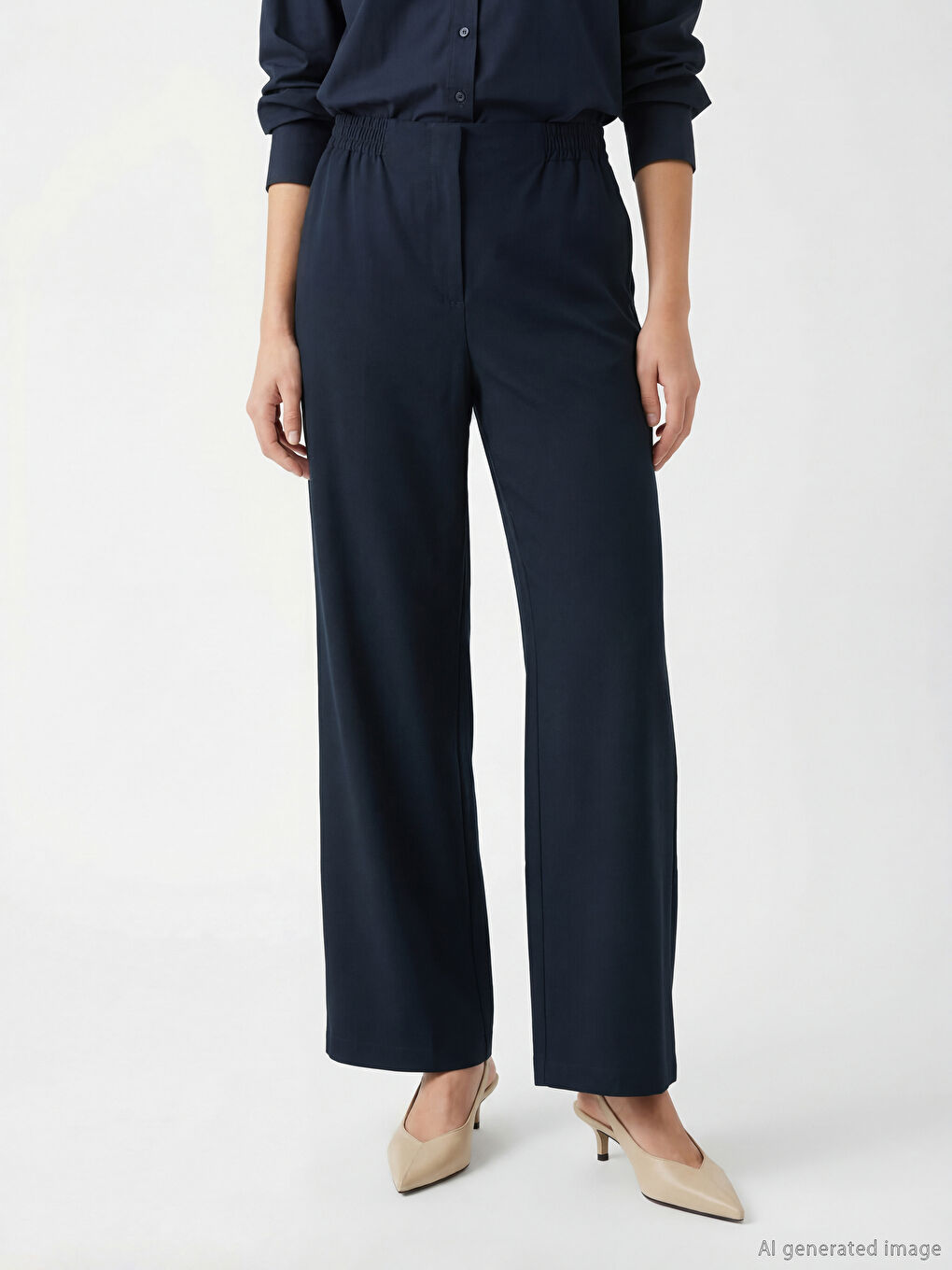Lacivert Beli Lastikli Geniş Paça Kadın Pantolon-1