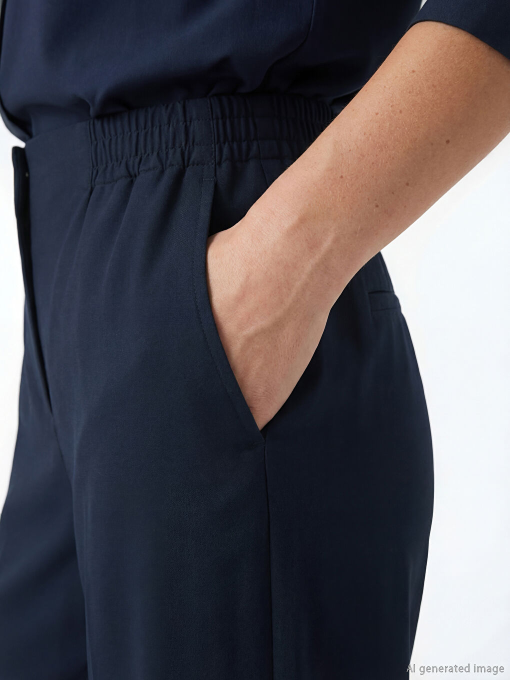 Lacivert Beli Lastikli Geniş Paça Kadın Pantolon-2