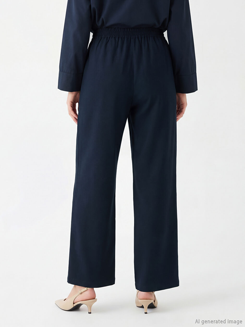 Lacivert Beli Lastikli Geniş Paça Kadın Pantolon-3