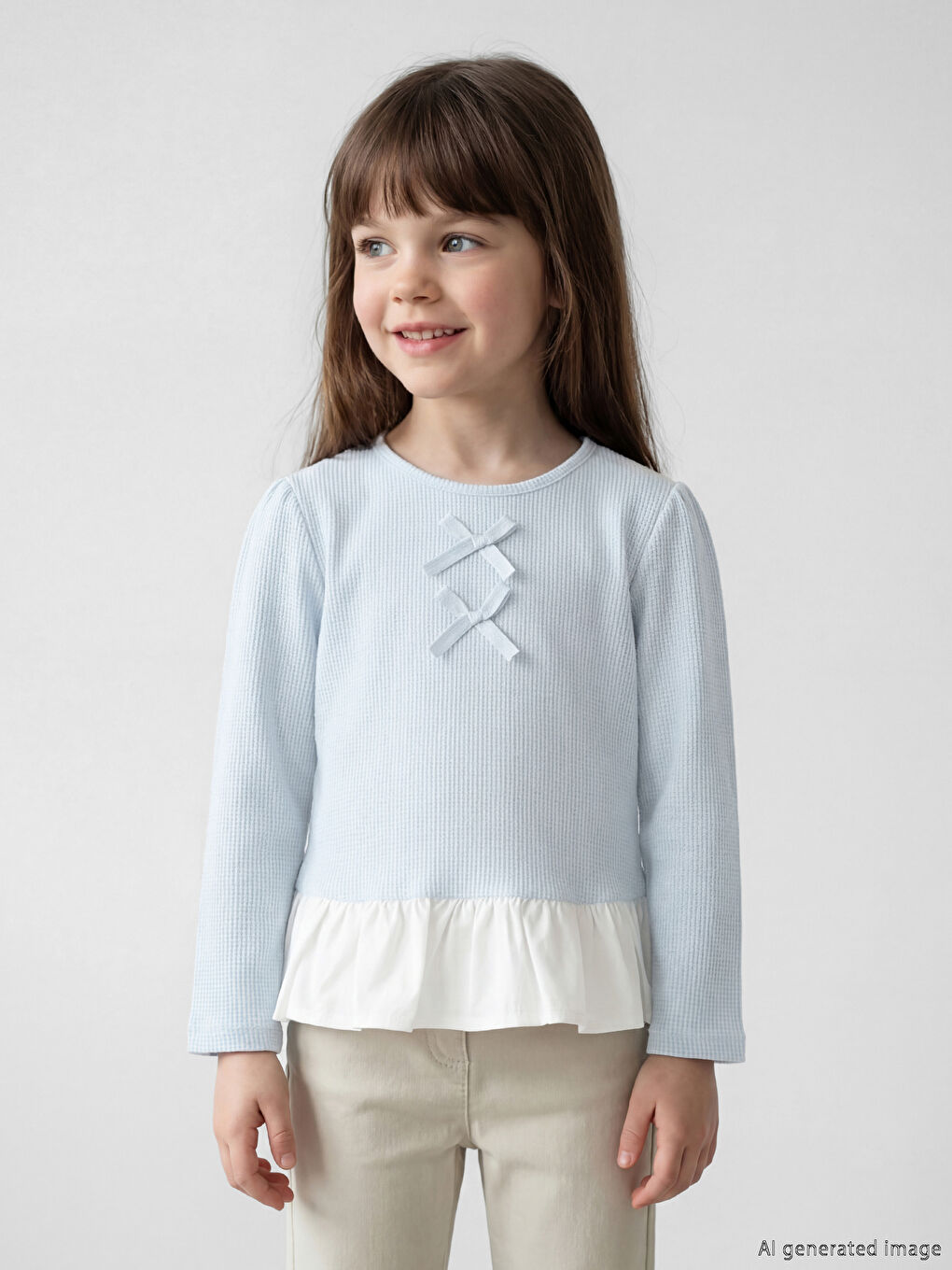 Mavi Fiyonk Detaylı Kız Çocuk Tişört-1