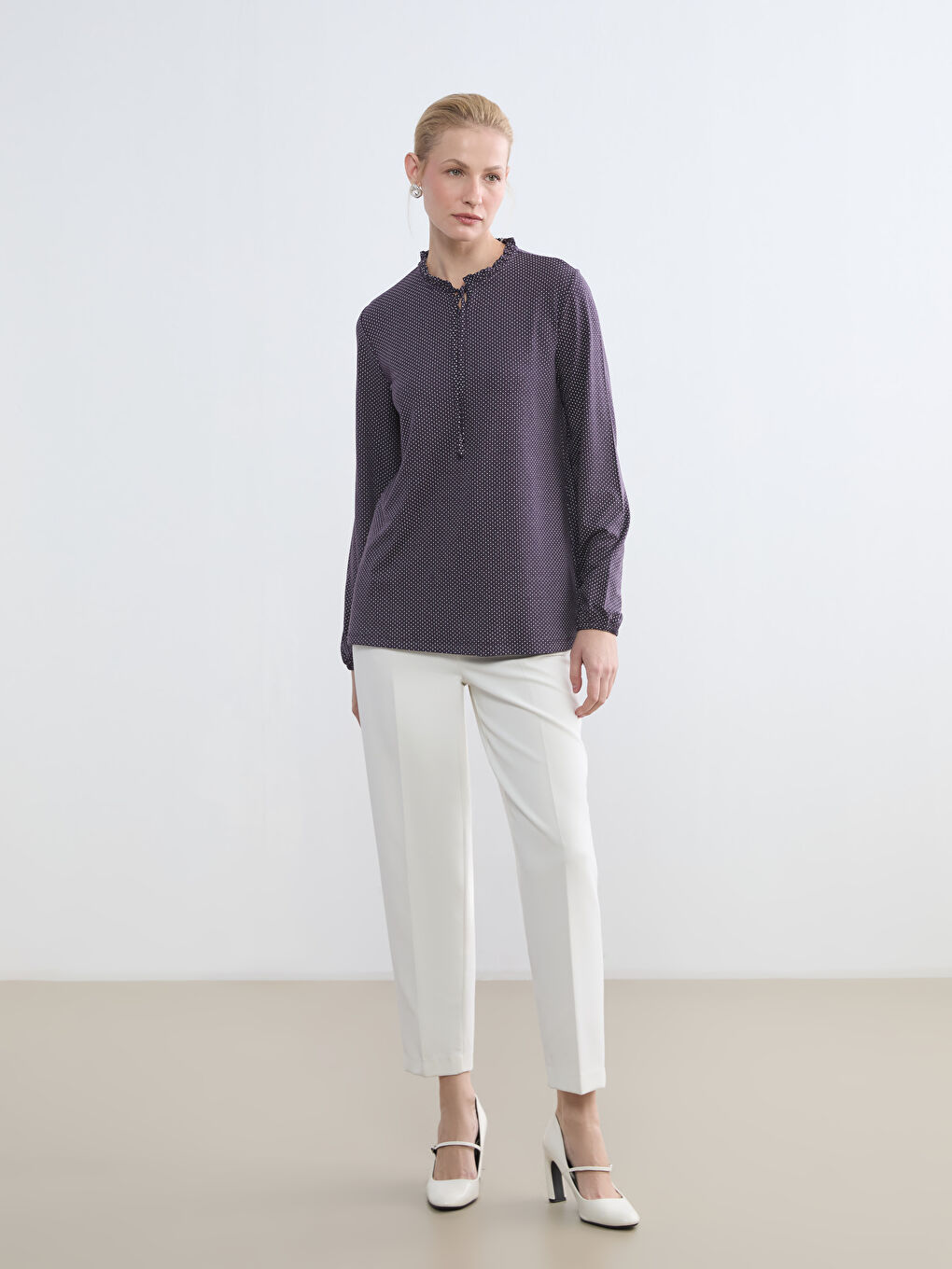 Polka Dot Blouse with Tie Neck Detail-1