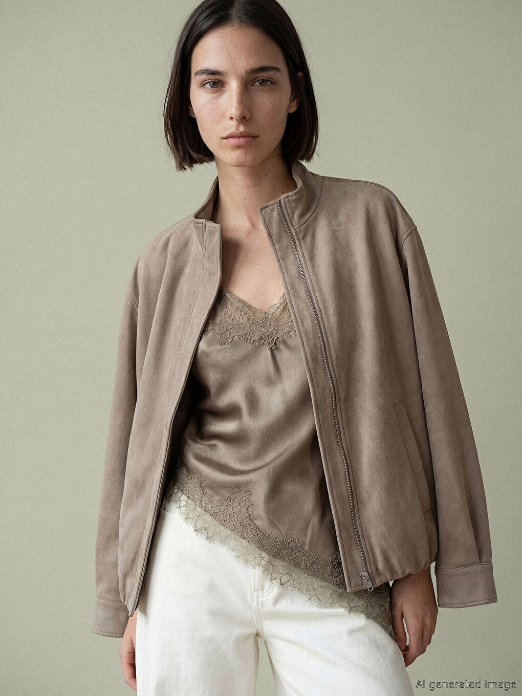 Kahverengi V Yaka Dantel Detaylı İp Askılı Bluz	