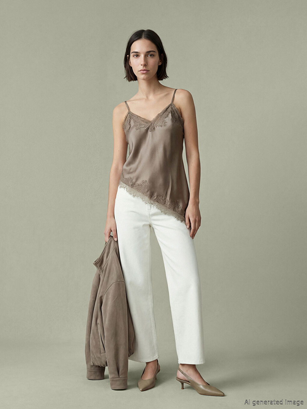 Kahverengi V Yaka Dantel Detaylı İp Askılı Bluz	-1