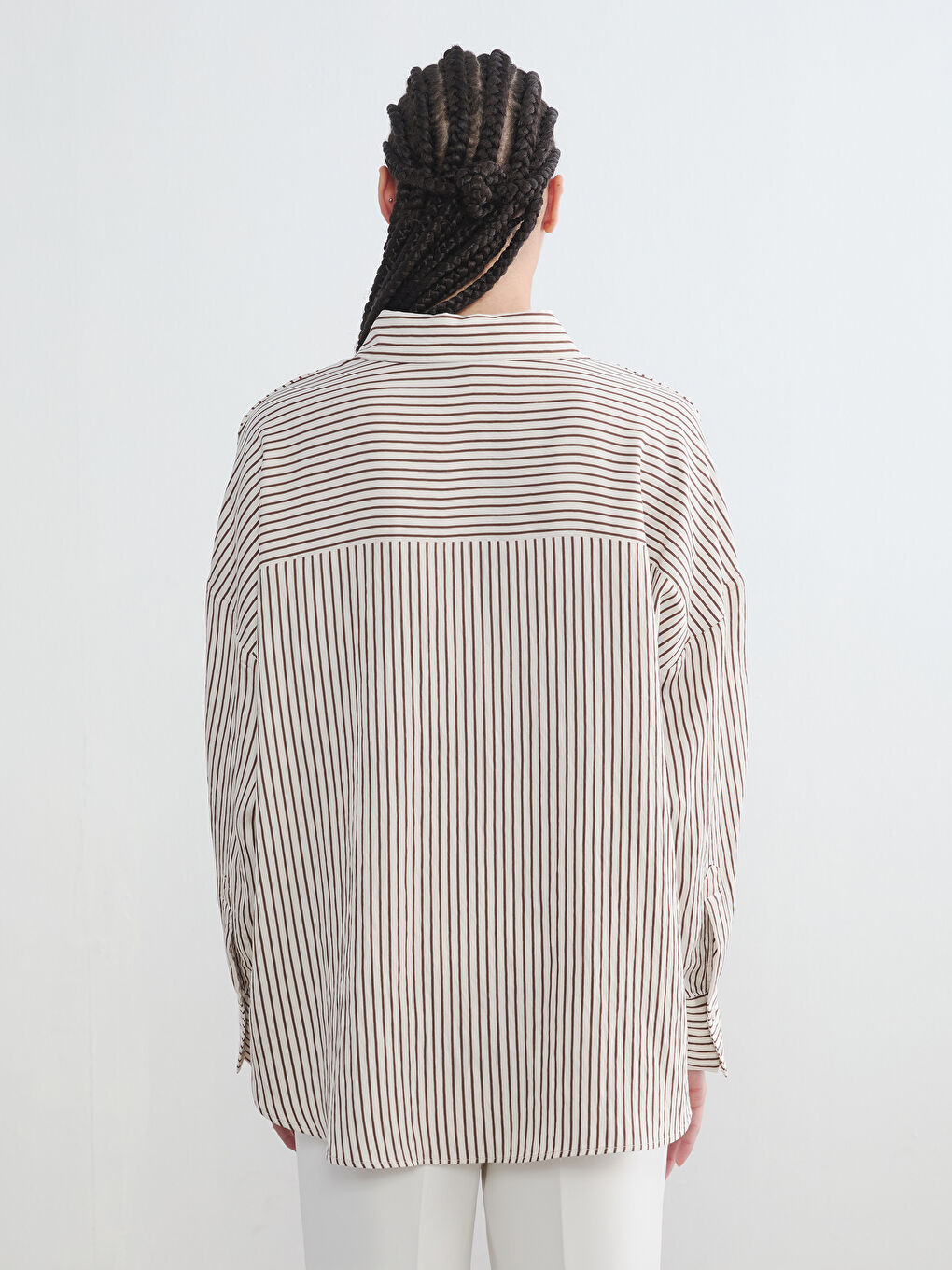 Kahverengi Çizgili Oversize Kadın Gömlek-3