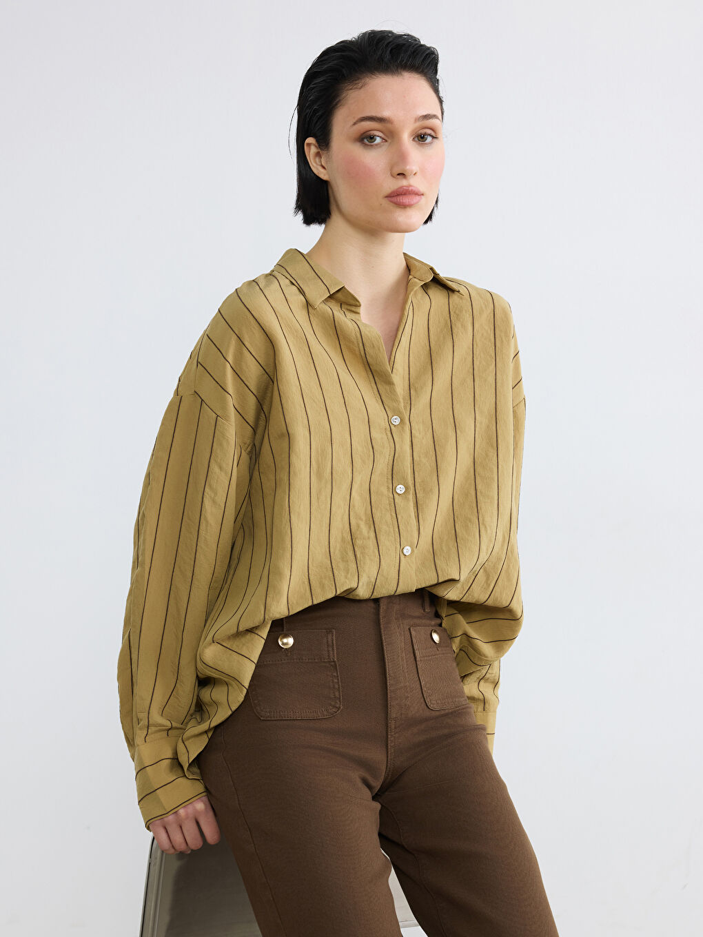 Haki Çizgili Oversize Kadın Gömlek