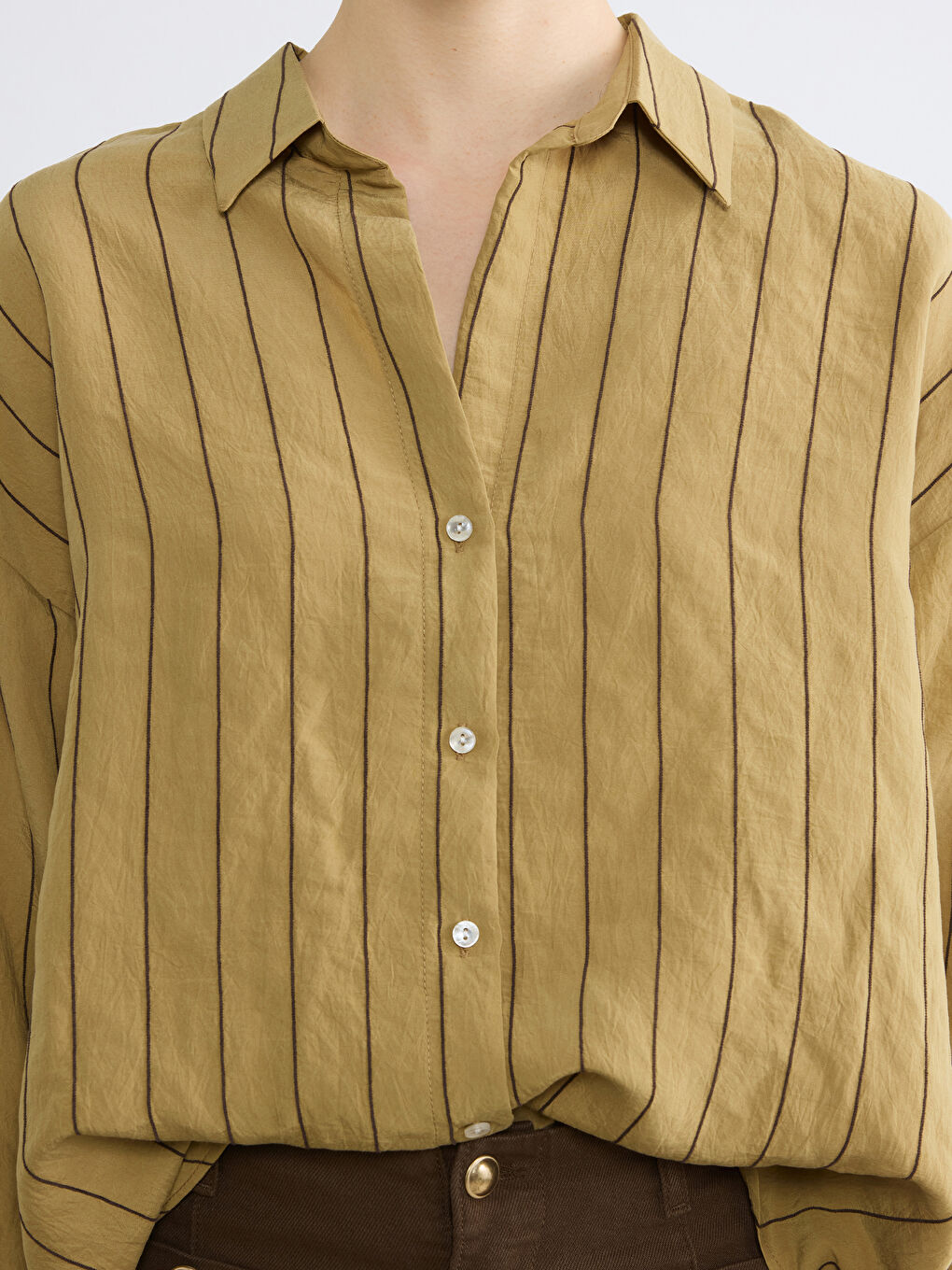 Haki Çizgili Oversize Kadın Gömlek-2