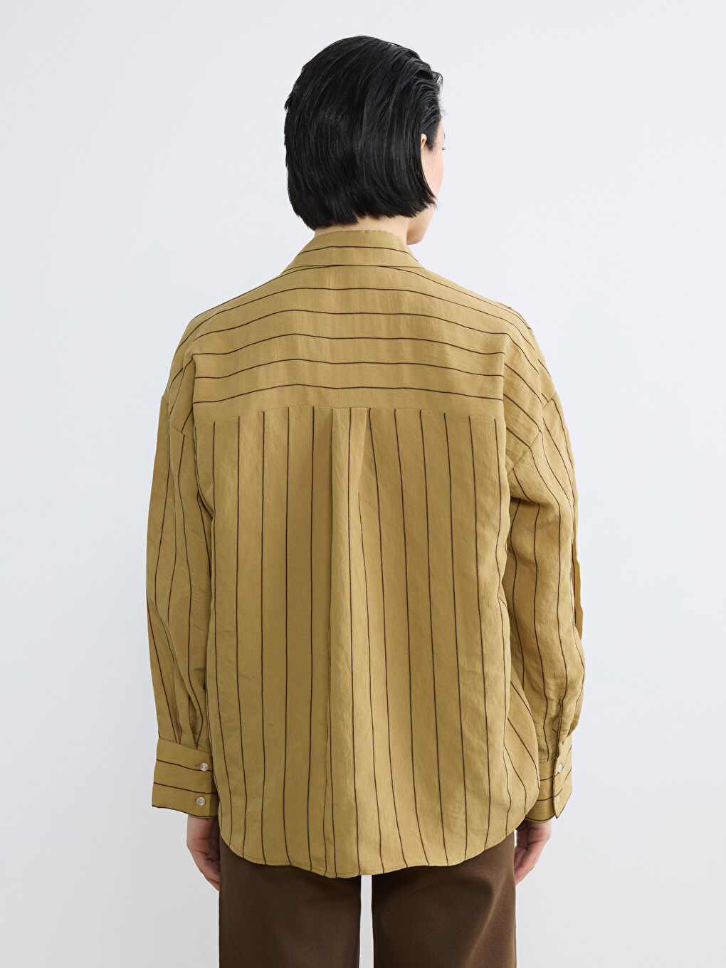 Haki Çizgili Oversize Kadın Gömlek-3