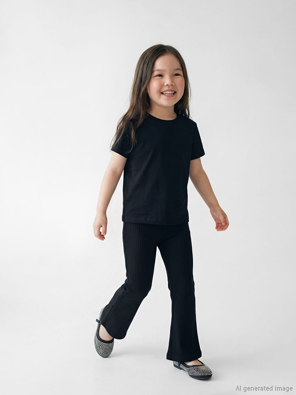 Siyah Beli Lastikli İspanyol Paça Kız Çocuk Fitilli Tayt	