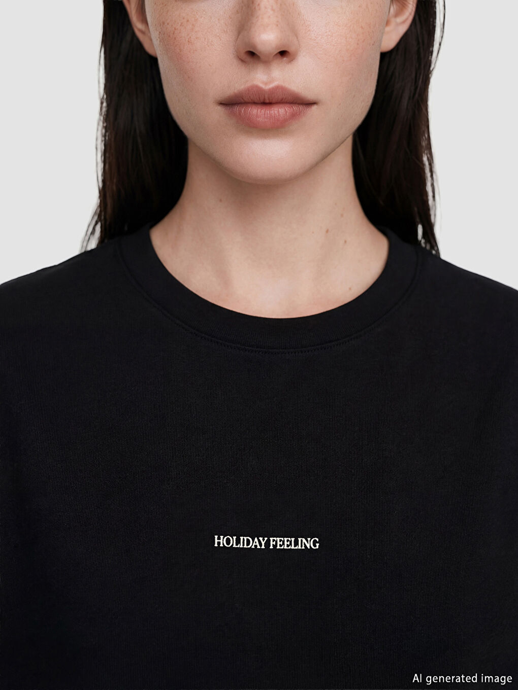 Siyah Bisiklet Yaka Baskılı Kadın Tişört-3