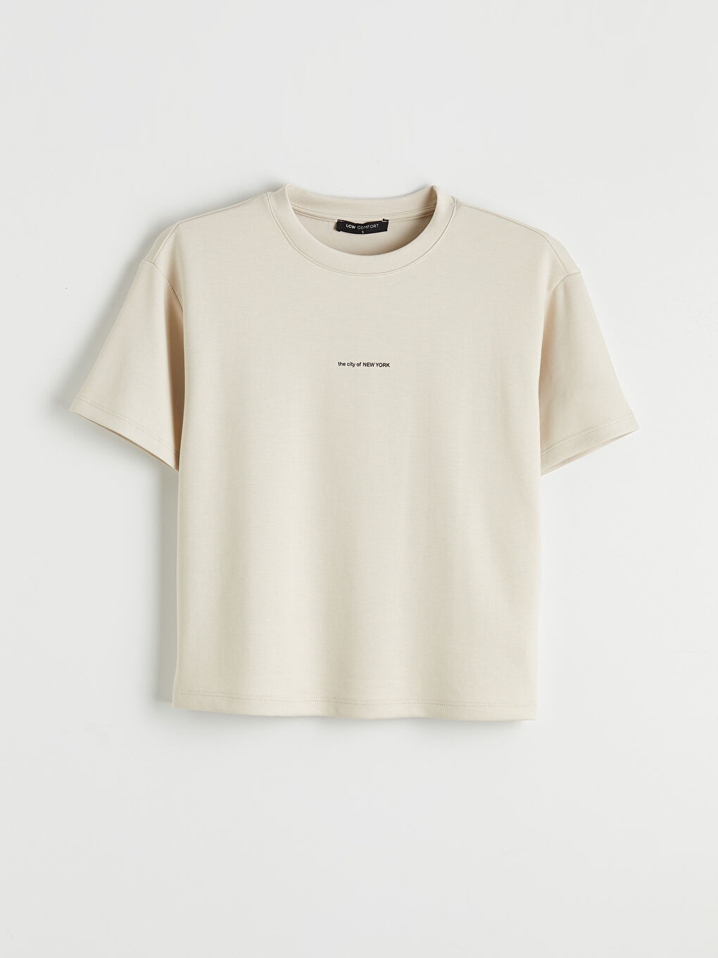 Bej Bisiklet Yaka Baskılı Kadın Tişört