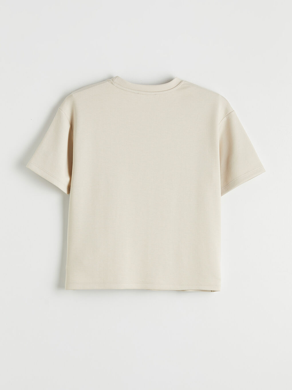 Bej Bisiklet Yaka Baskılı Kadın Tişört-1