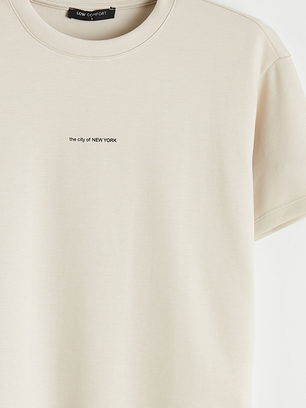 Bej Bisiklet Yaka Baskılı Kadın Tişört-2