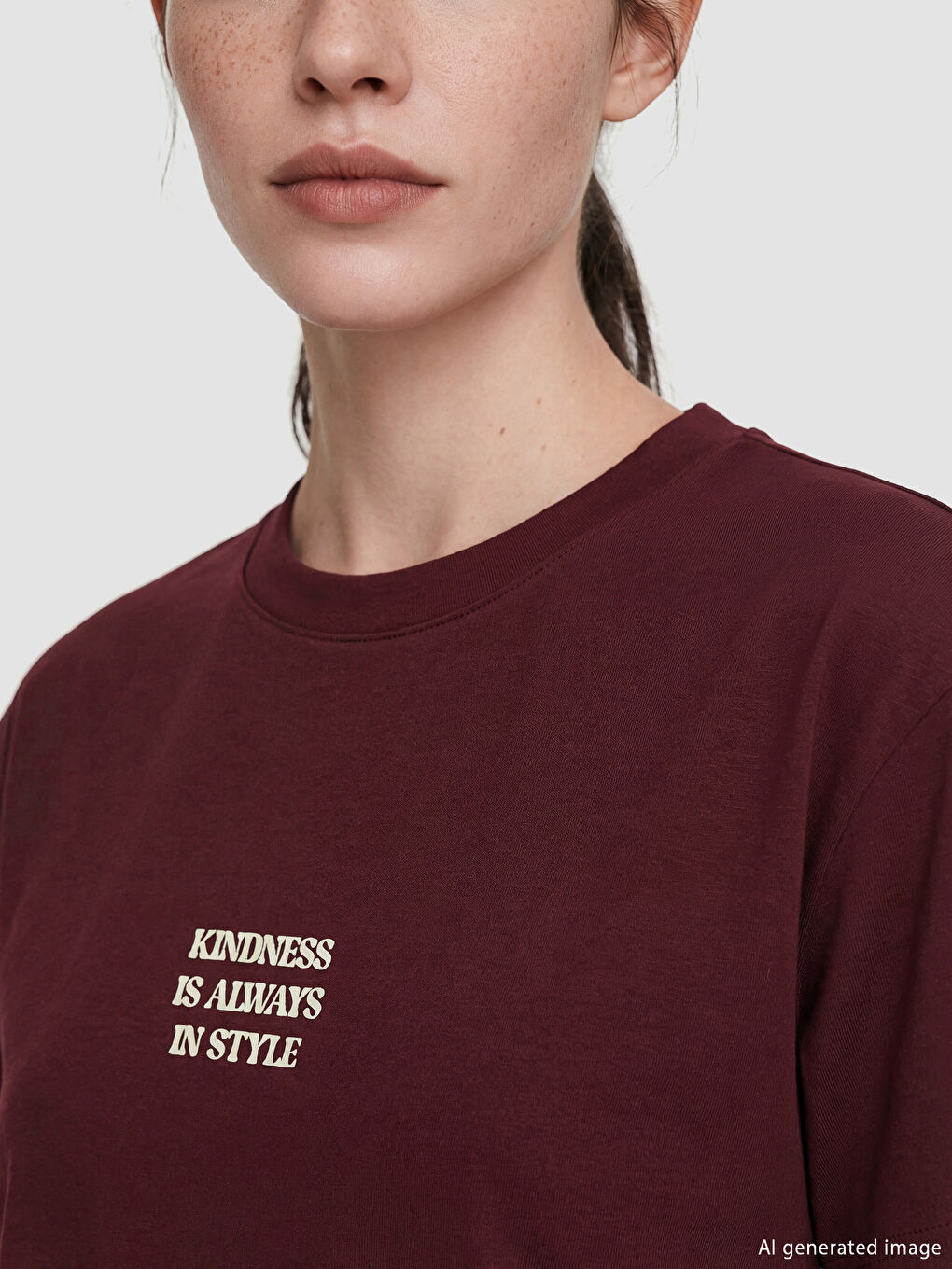 Mürdüm Bisiklet Yaka Baskılı Kadın Tişört-2