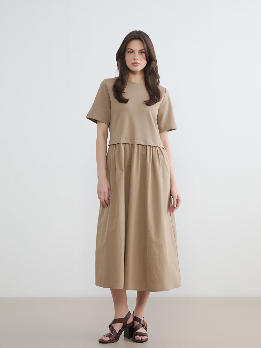 Haki Bisiklet Yaka Büzgülü Elbise