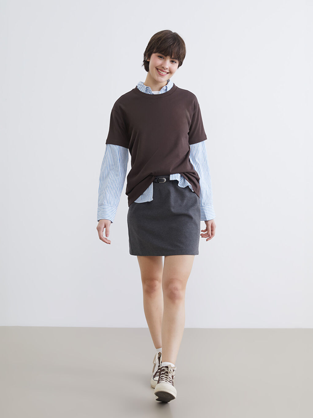 Antrasit Beli Kemerli Mini Etek