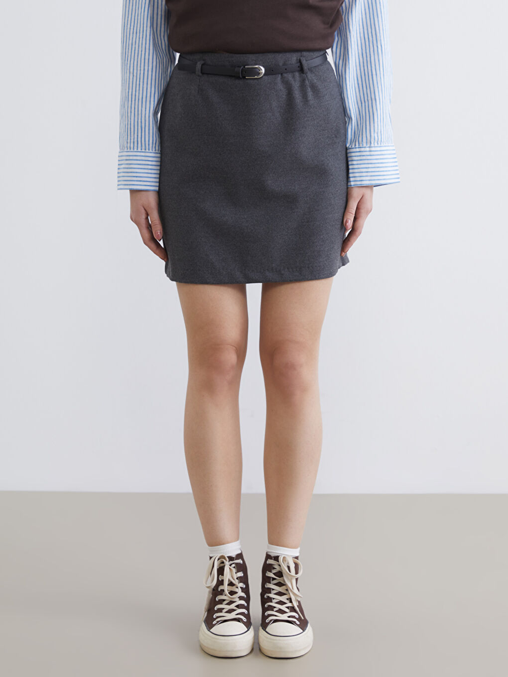 Antrasit Beli Kemerli Mini Etek-1