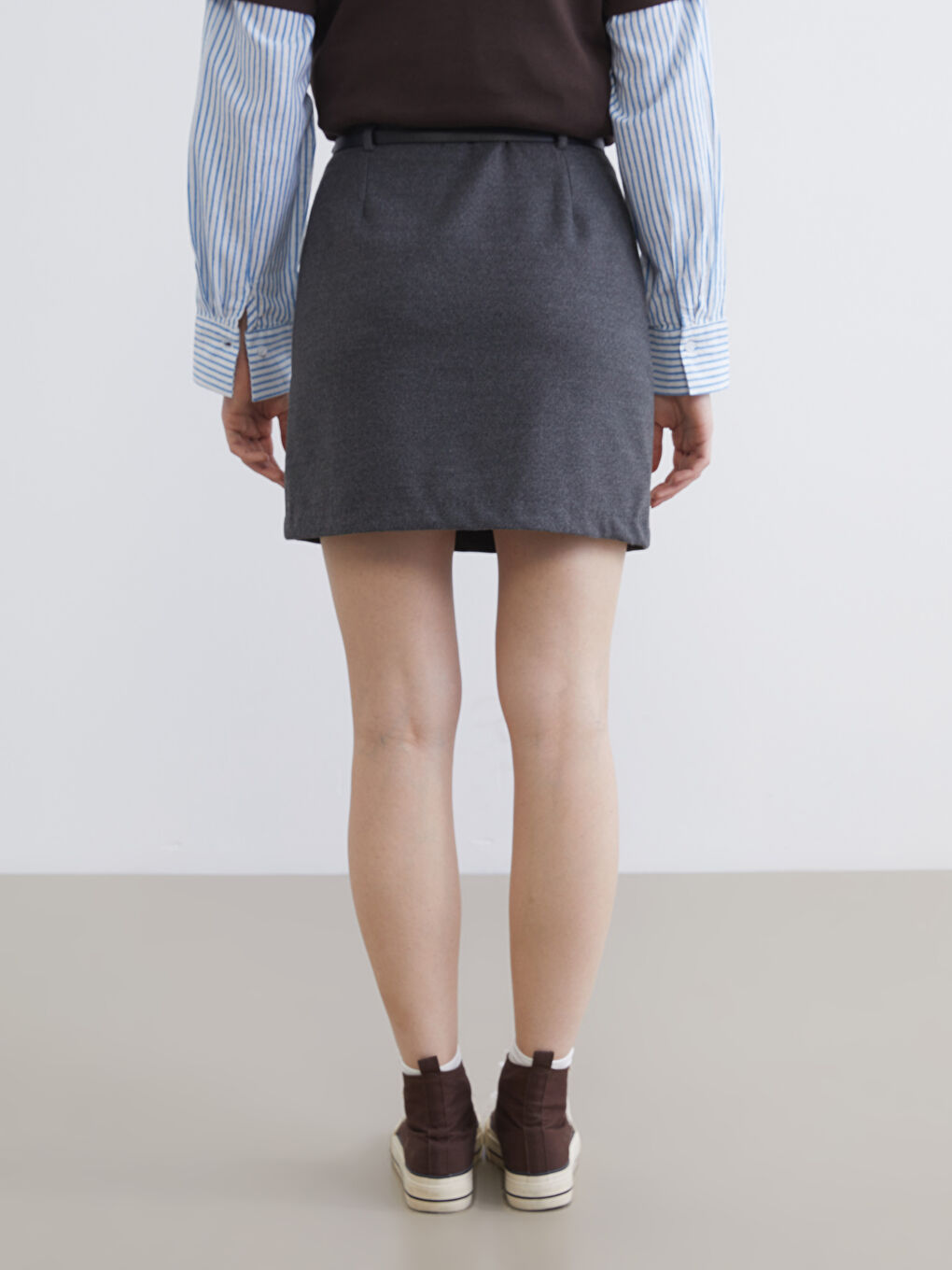 Antrasit Beli Kemerli Mini Etek-3