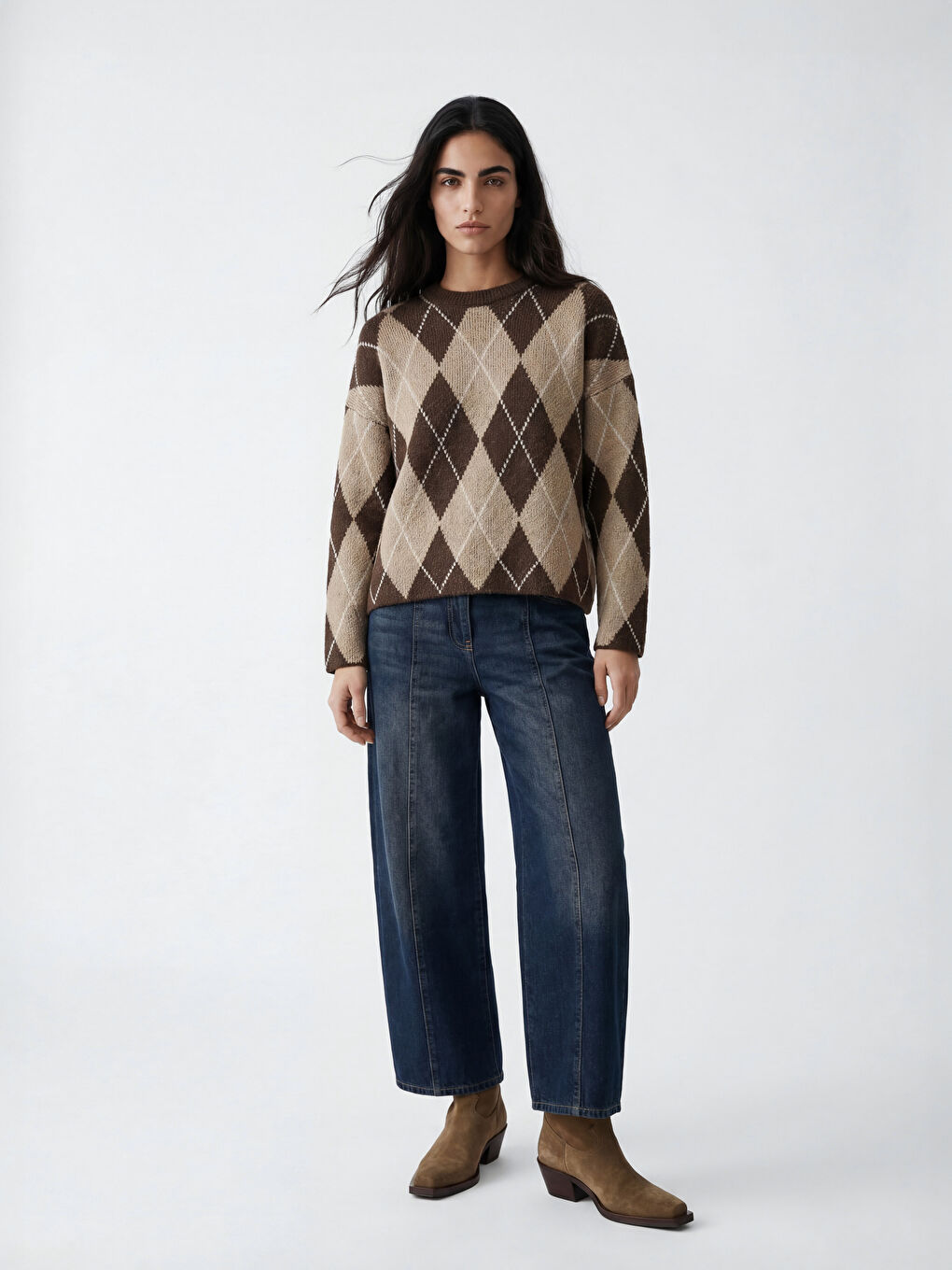 كنزة تريكو نسائية بياقة مستديرة بنقشة ماسية-1