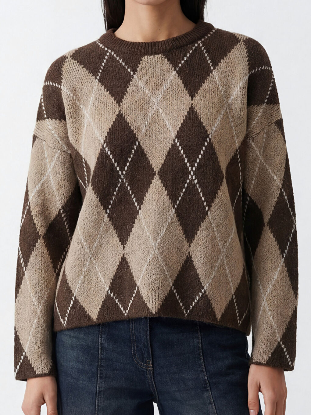 كنزة تريكو نسائية بياقة مستديرة بنقشة ماسية-2