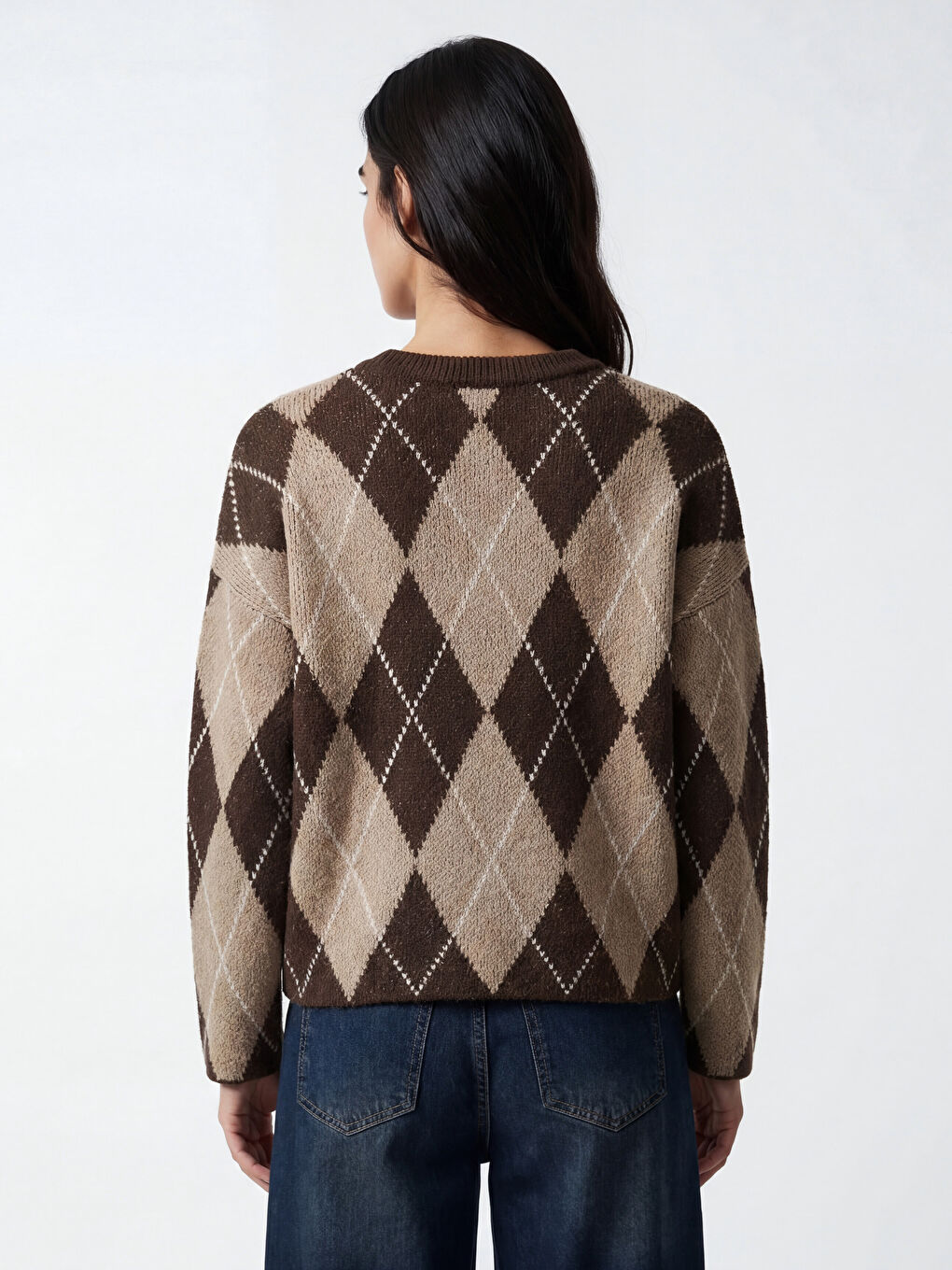 كنزة تريكو نسائية بياقة مستديرة بنقشة ماسية-3