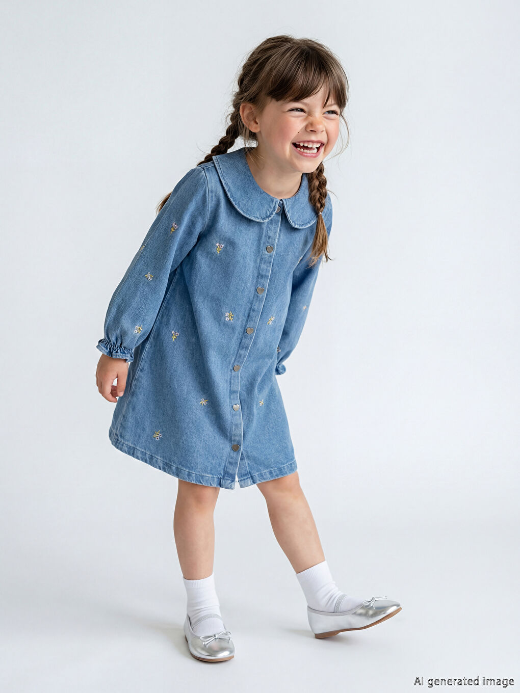 Haljina od teksasa za devojčice sa vezenim dezenom i Peter Pan kragnom-1