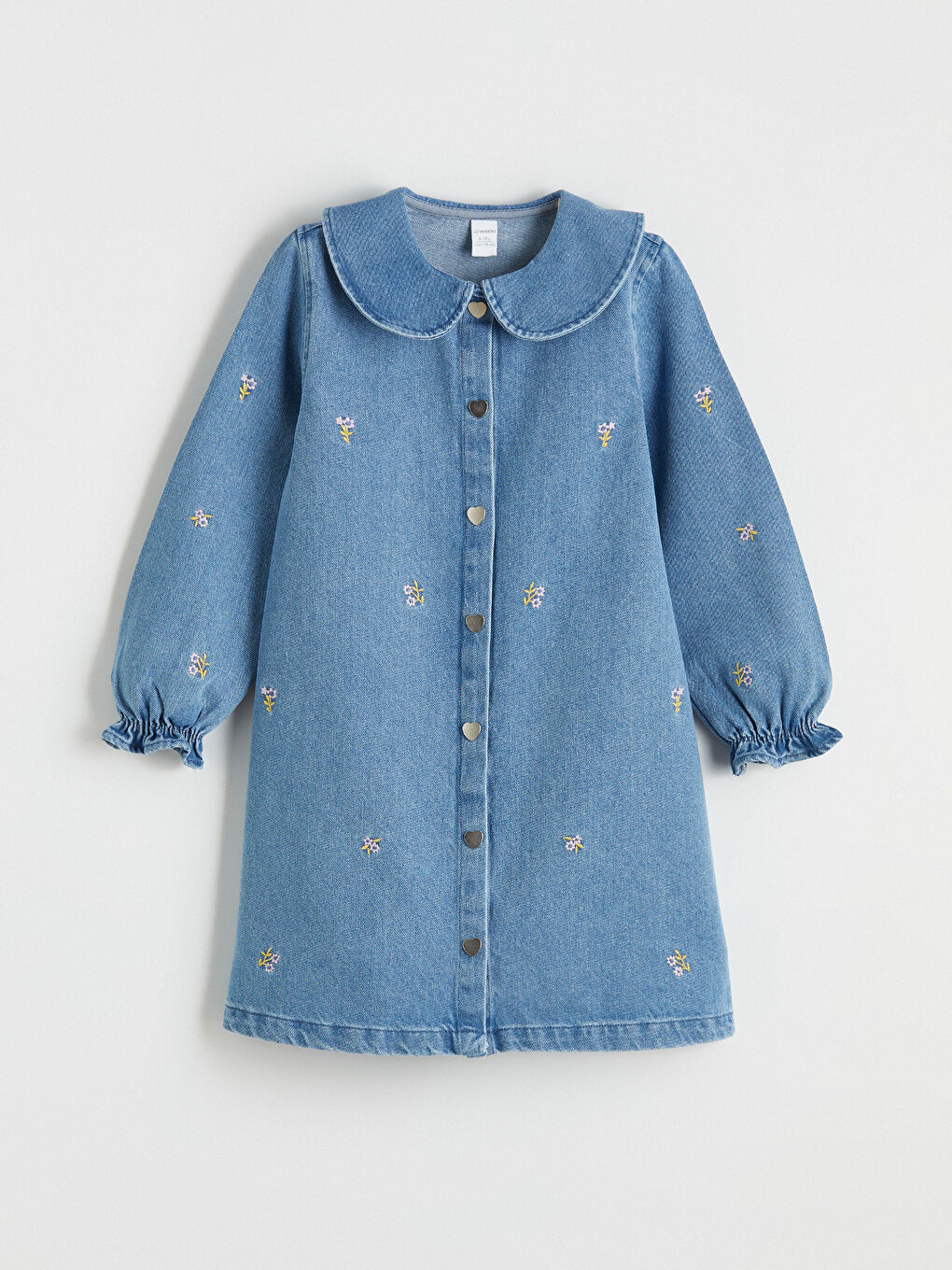 İndigo Bebe Yaka Nakışlı Kız Çocuk Jean Elbise