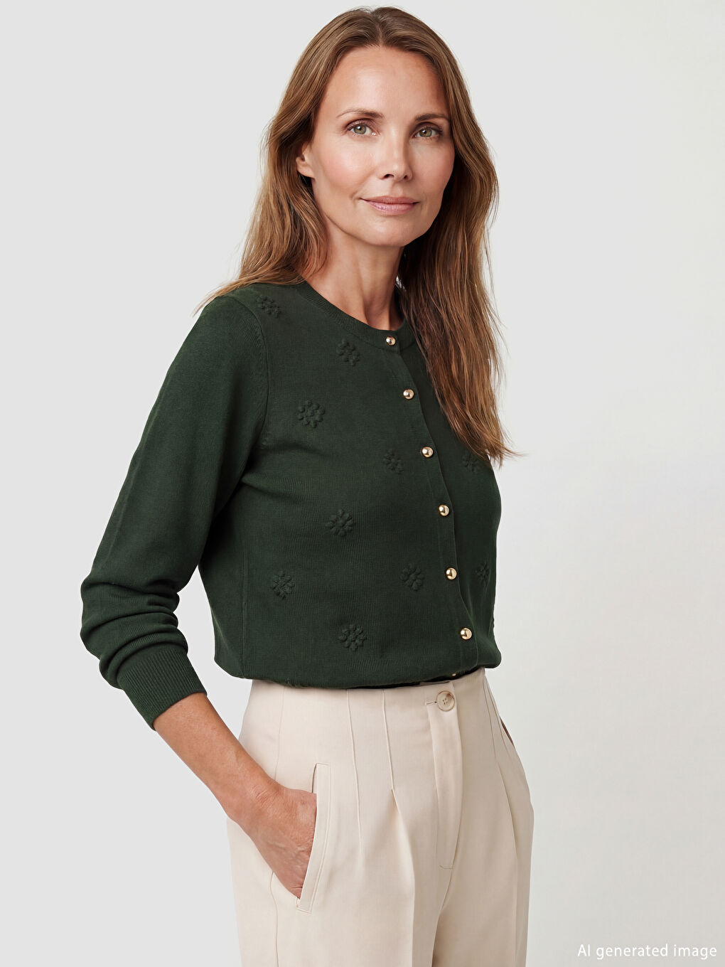 Haki Bisiklet Yaka Kendinden Desenli Kadın Triko Hırka