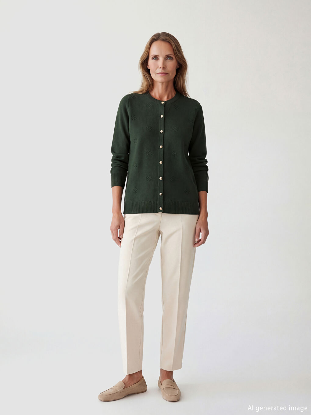 Haki Bisiklet Yaka Kendinden Desenli Kadın Triko Hırka-1