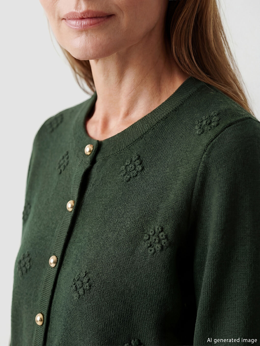 Haki Bisiklet Yaka Kendinden Desenli Kadın Triko Hırka-2