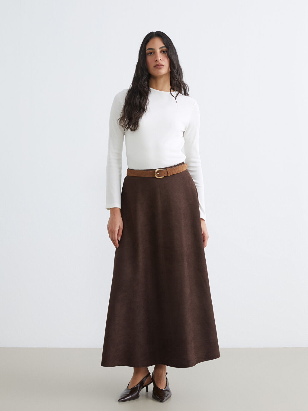 Kahverengi Beli Lastikli Süet Görünümlü Etek