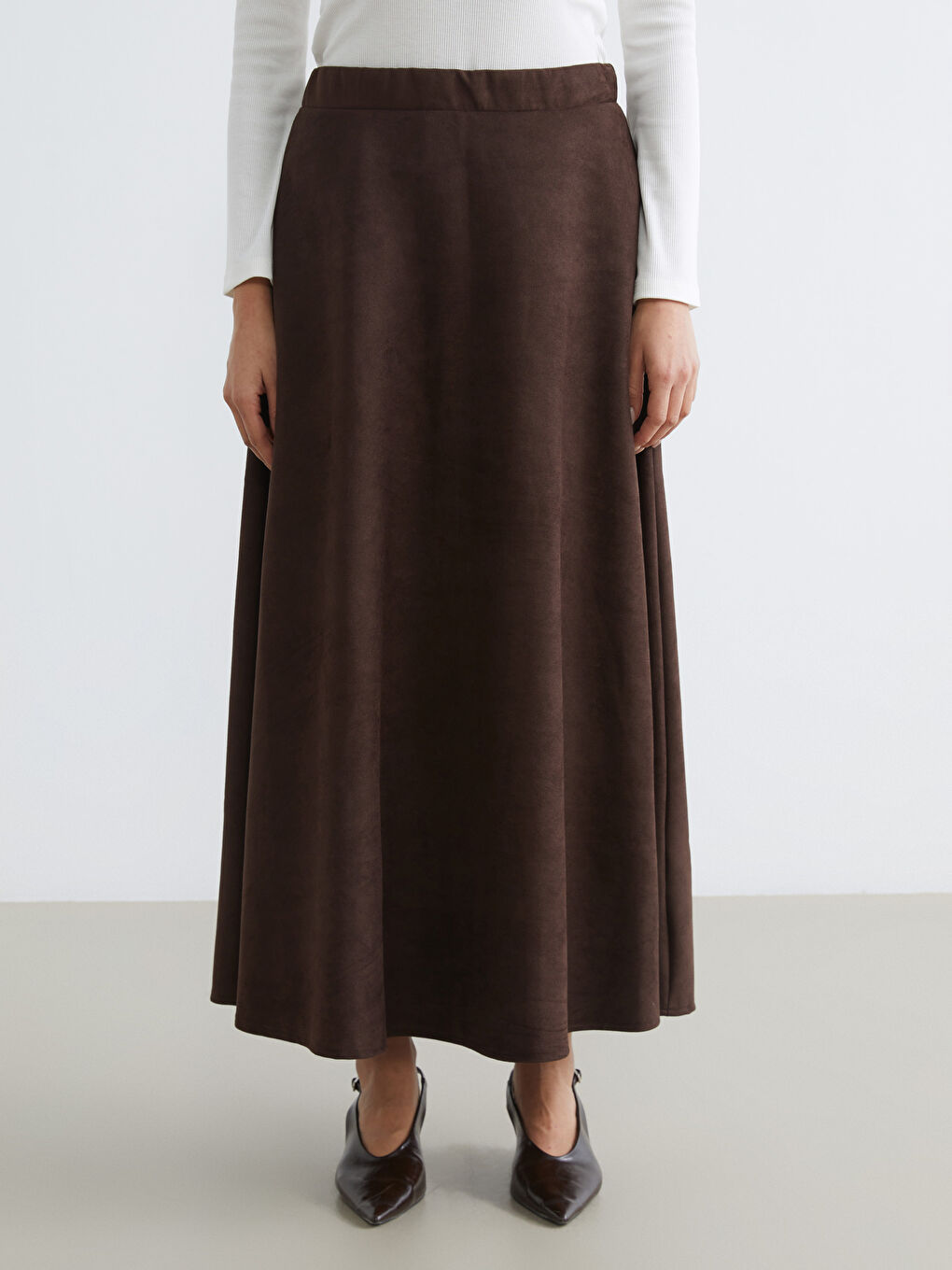 Kahverengi Beli Lastikli Süet Görünümlü Etek-1